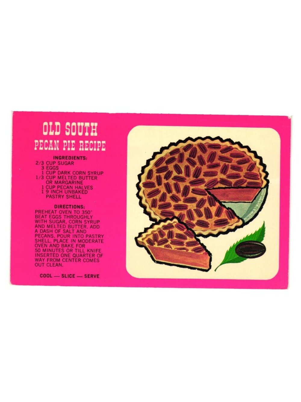 Old South Pecan Pie Recipe Postcard Vintage Southern Tradition Holiday Dessert